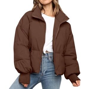 Women's Winter Cropped Puffer Jacket Warm Bubble Coat Oversized Sz Large coffee